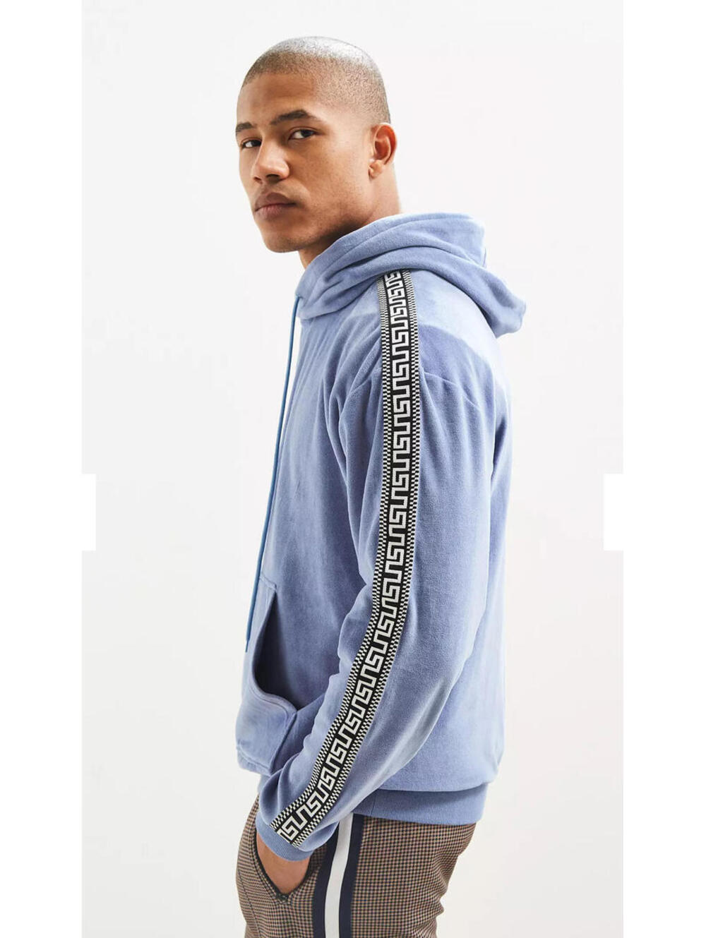 Urban Outfitters Velour Hoodie Blue Greek Key Taped Sleeve Y2K Streetwear Size S